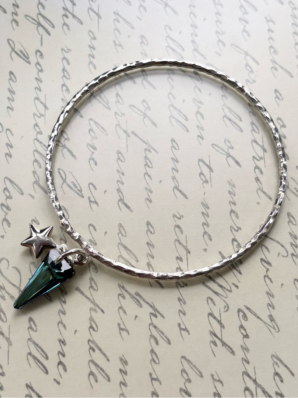 Sterling Silver Bangle Bracelet with Carribean Blue Crystal Spike and Star Charm